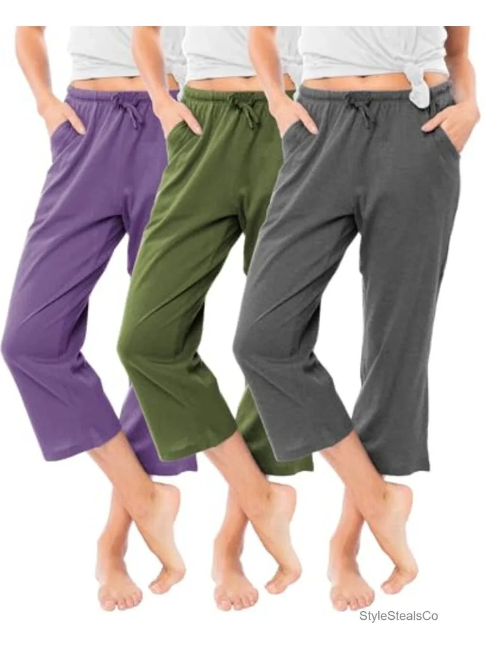 100% Cotton Capri Lounge Pajama Pants with Pockets